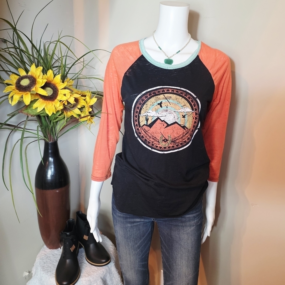 Rock & Roll Cowgirl Black and Orange Graphic Raglan Top